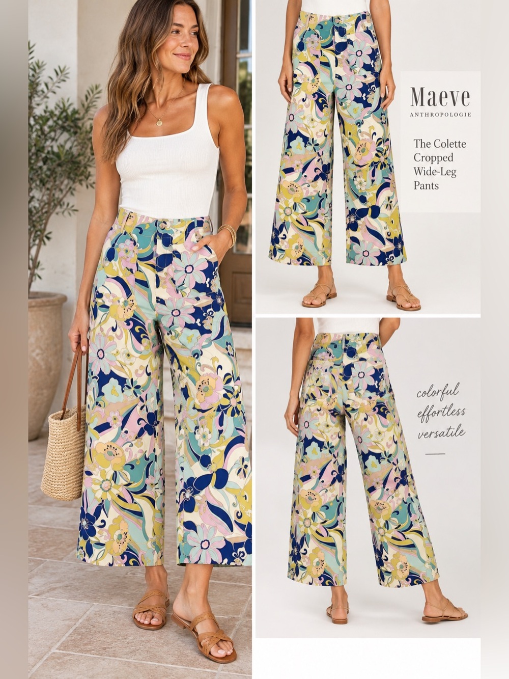 Maeve Anthropologie The Colette Cropped Wide-Leg Pants Floral Print Size 29